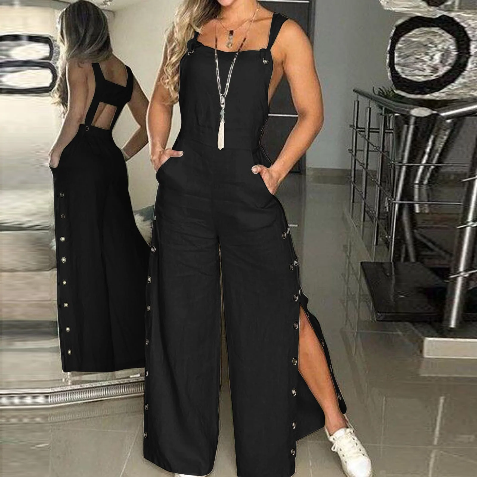 

Ladies Sexy Romper Jumpsuit 2024 Summer Sleeveless Twisted Knot Cotton Strappy Pants Button Openings Fashion Women Jumpsuits