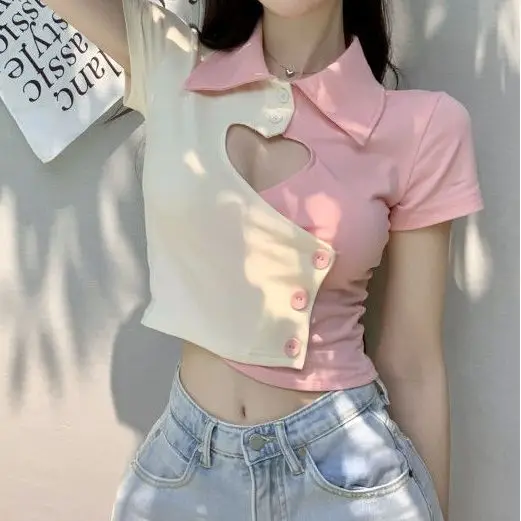 

Женская летняя футболка контрастных цветов, короткий рукав, лацканы, вырез в форме сердца, пуговицы, Короткие топы, женская одежда y2k