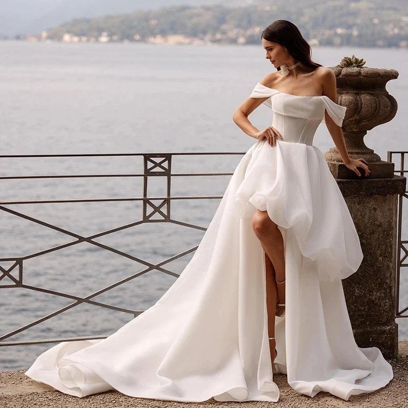 

OTHRAY A-Line Wedding Dresses Women Side Slit Sweep Train Bridal Dress Boho Beach Wedding Prom Gowns Custom Size White