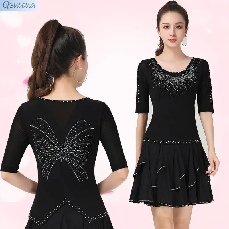 

New Modern Dance Top Women's Butterfly Diamond Round Neck Three-Quarter Sleeve Latin Dance Dress