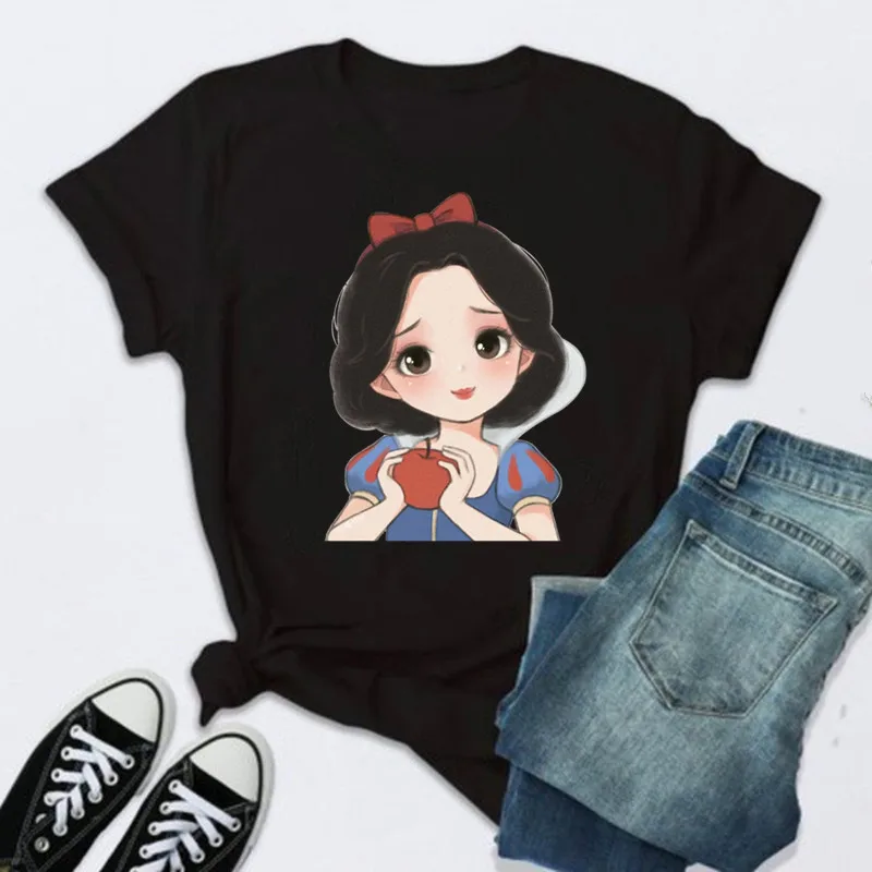 

Disney Snow White Princess Women's Fashion T-shirt Kawaii Clothes Black Casual Aesthetic Top Femme Roupas Femininas