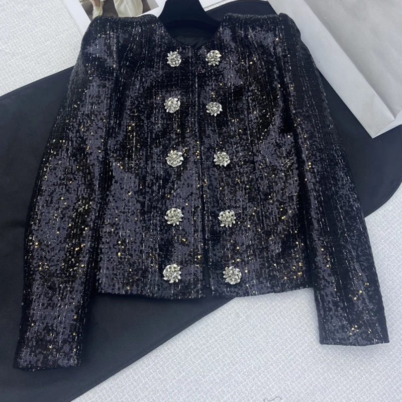 Women Sequins Black Slim Jacket Round Neck Shoulder Pads Rhinestone Buttons Design Coat For Women High End Y2K Clothes Spring
Women Sequins Black Slim Jacket Round Neck Shoulder Pads Rhinestone Buttons Design Coat For Women High End Y2K Clothes Spring