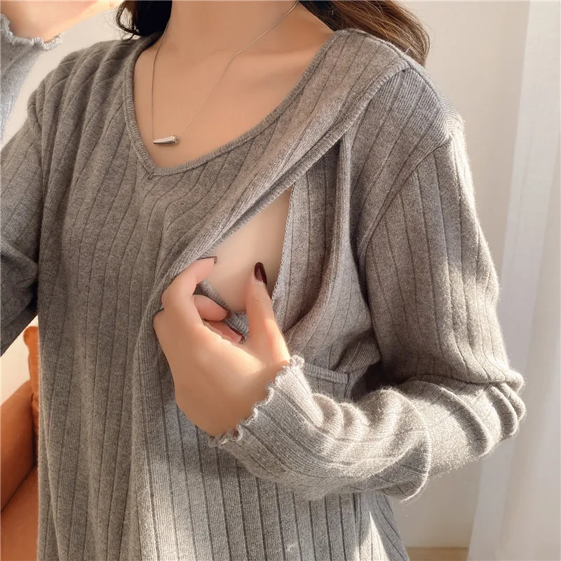 

women Breastfeeding Cothes Pullover Sweater Pregnant Long Sleeve Knit shirts For Nursing Mother V-neck Loose Maternity Clothing