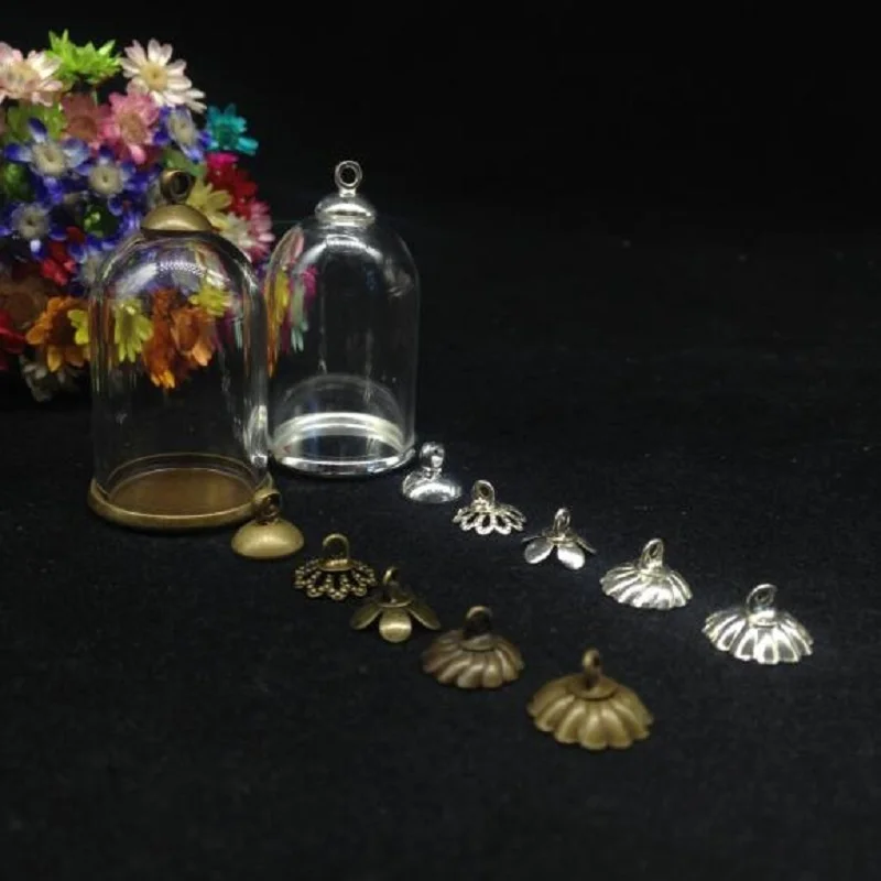 

500sets/lot 30*20mm tube bell jar glass globe with classic tray flower cap no filler glass bottle vial pendant necklace jewelry