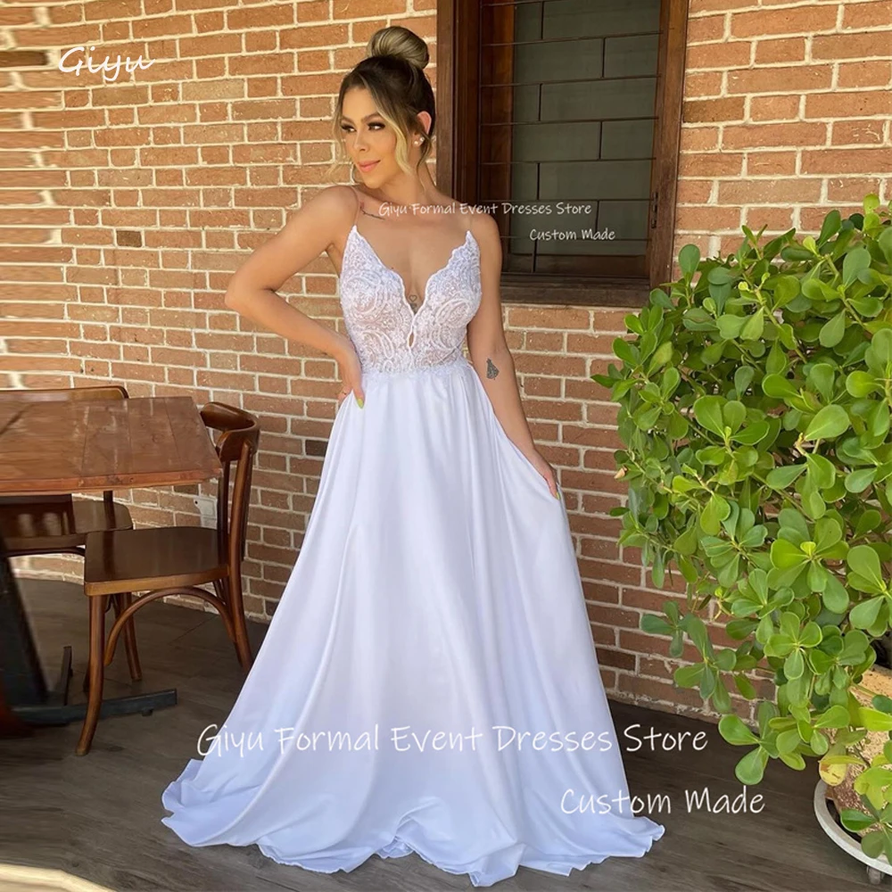 

Giyu Sexy Plunge V Neck Boho Wedding Dresses Spaghetti Straps Lace Silk Floor Length Country US Women bridal Gowns Plus Size