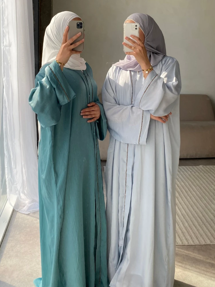 

Eid Kimono Abaya and Hijab Set Satin Muslim Abayas for Women Dubai Luxury 2024 Ramadan Turkey Party Dress Islam Clothing Kaftan