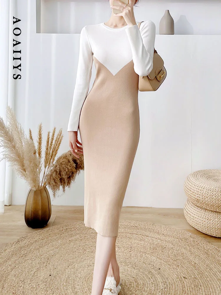 

Aoaiiys Dresses for Women Dress 2023 Autumn Winter Slim Basic Knitted Spliced O-Neck Solid High Waisted Dress Mid-Calf Clothing