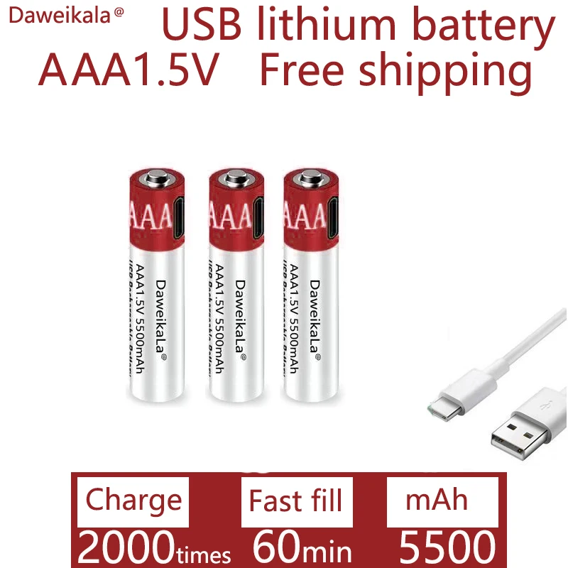 New2021 USB AAA Rechargeable Batteries 1.5V 5500 mAh li-ion battery for remote control mouseElectric toy battery + Type-C Cable
New2021 USB AAA Rechargeable Batteries 1.5V 5500 mAh li-ion battery for remote control mouseElectric toy battery + Type-C Cable