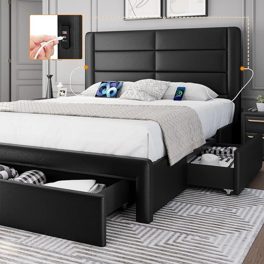 Queen Size Bed Frame Platform with 2 USB Charging Station/Port 3 Storage Drawers,Headboard/Solid Wood Slat Black Queen Bed Frame
Queen Size Bed Frame Platform with 2 USB Charging Station/Port 3 Storage Drawers,Headboard/Solid Wood Slat Black Queen Bed Frame