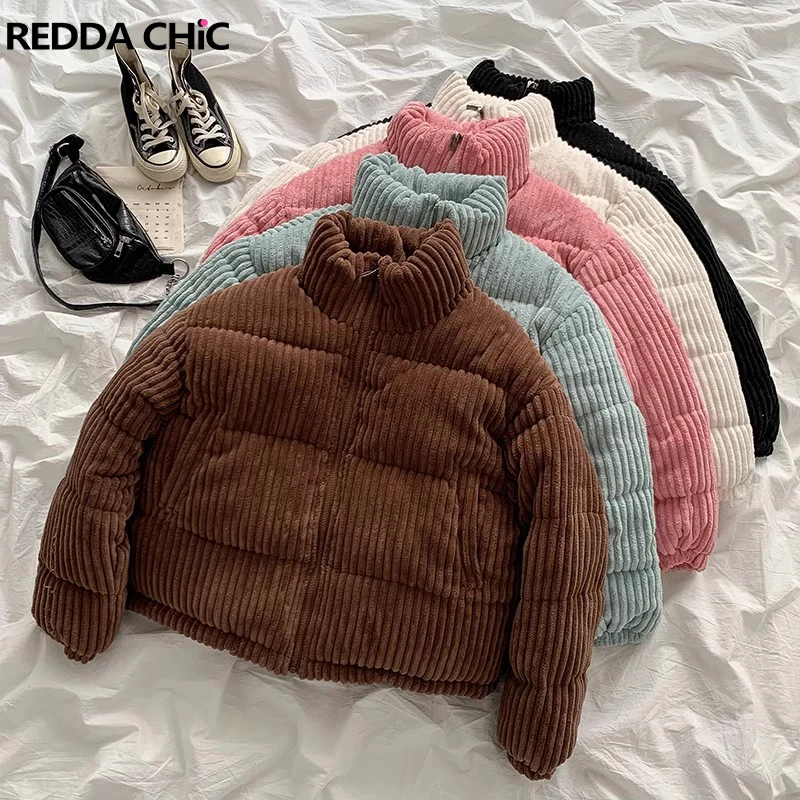 

REDDACHiC Striped Corduroy Turtleneck Puffer for Women Cotton-Padded Quilted Coat Casual Plain Crop Bomber Jacket Winter Parkas