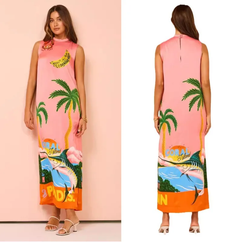 

Printed Sleeveless Women Camisole Dress 2024 Summer Fashionable Loose Button Up Dress Casual O Neck Slit Large Beach Long Skirt