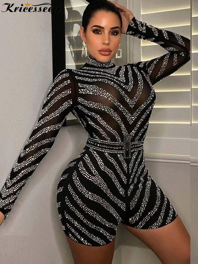Kricesseen Luxury Black Rhinestone Sheer Mesh Skinny Romper Glam Women Long Sleeve Sequin Playsuit Night Clubwear Short Jumpsuit
Kricesseen Luxury Black Rhinestone Sheer Mesh Skinny Romper Glam Women Long Sleeve Sequin Playsuit Night Clubwear Short Jumpsuit