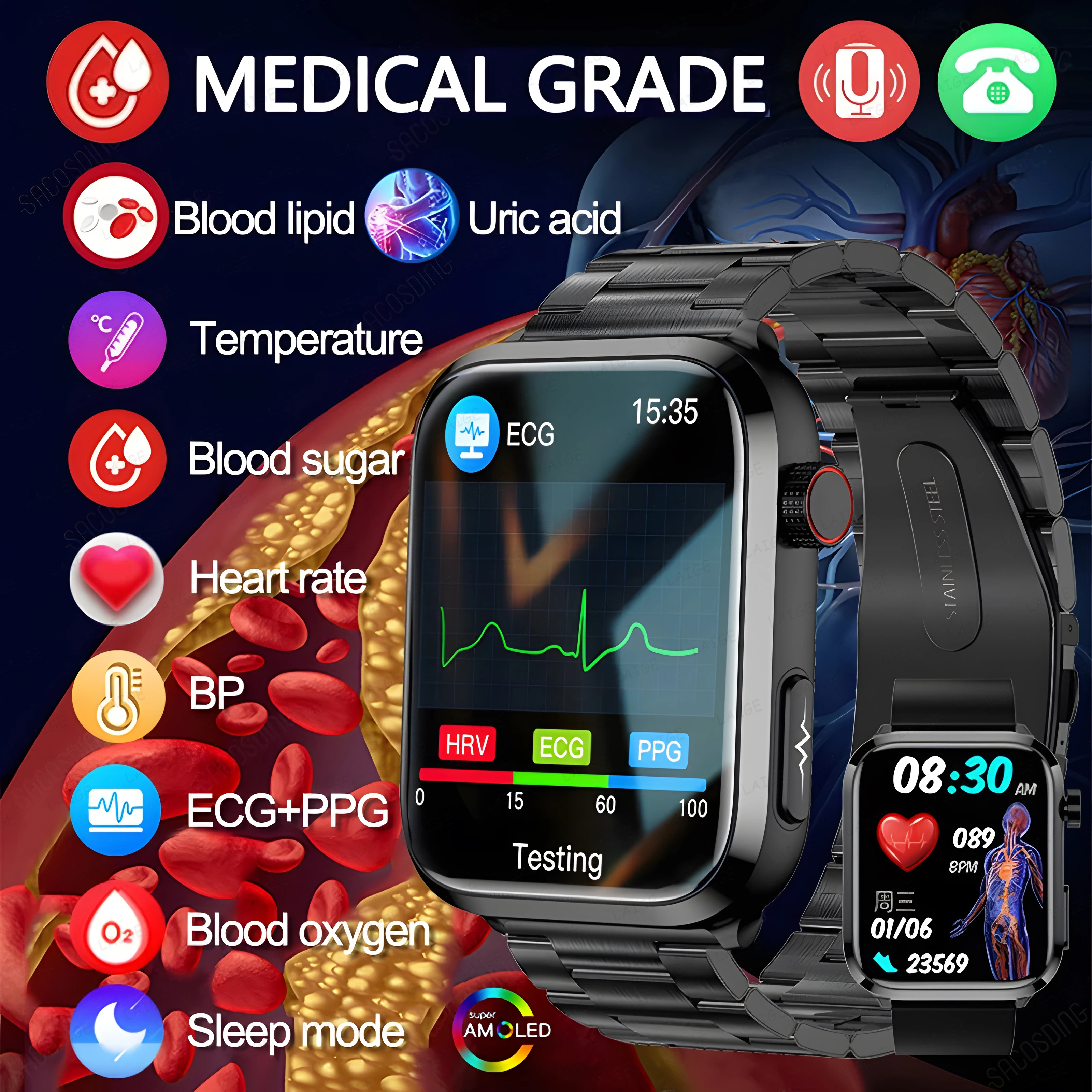 

Новинка 2024, умные часы медицинского класса, часы для измерения уровня сахара в крови, липидов, мочевой кислоты, ЭКГ + ФПГ, температура тела, умные часы для здоровья с поддержкой Bluetooth