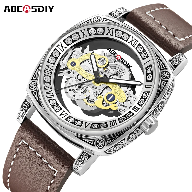 

Luxury Watch for Men Hollow Retro Quartz Wristwatch Leather Band Mens Watches Luminous Hands with Chronograph Relogio Masculino