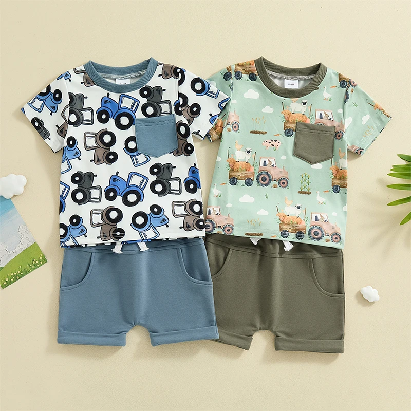

Летняя одежда для маленьких мальчиков 2024-03-26 lioraitiin, футболка с коротким рукавом и карманами с принтом грузовика и однотонными шортами