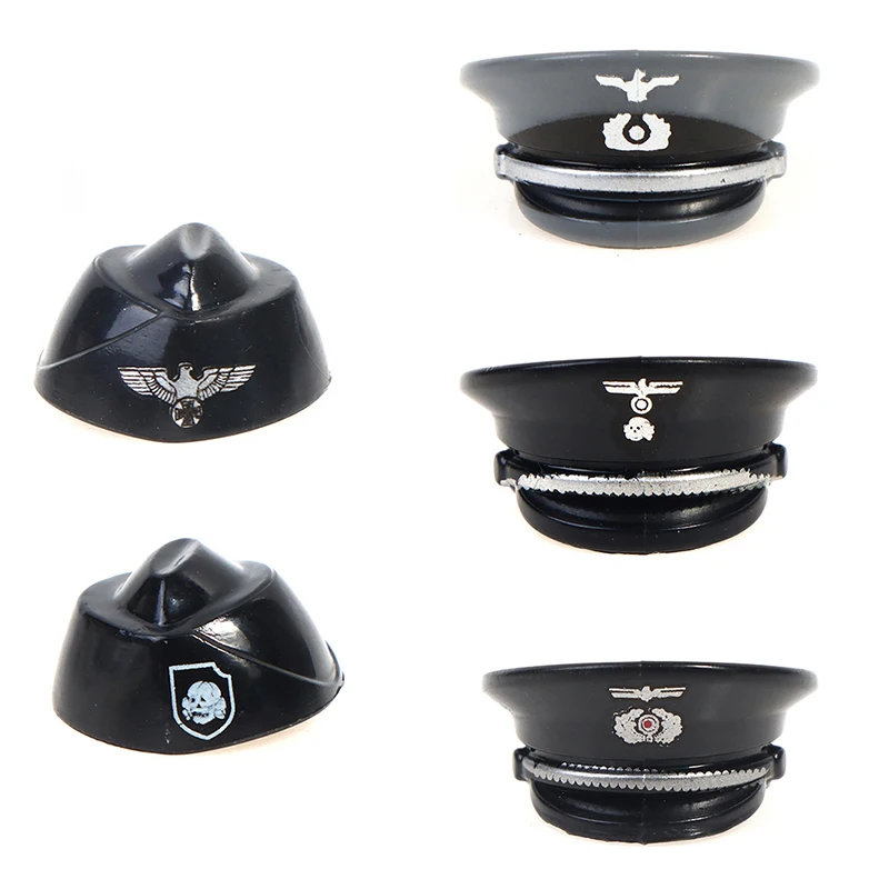 Building Blocks WW2 Army Commander Officer Brimmed Hat Mini Bricks Toys Military Figures German Black Boat Cap Accessories | Игрушки и