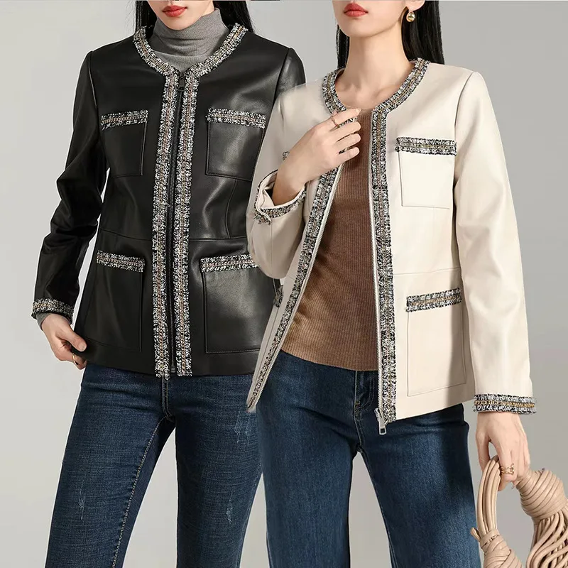 

"White Sandalwood Fragrance" 2023 New Small Fragrant Wind Contrast Color Round Neck Sheepskin Leather Coat Short Style Slimming