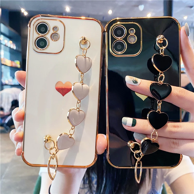 Fashion New Chain Plating Love Heart Case for iPhone 11 12 13 Pro Max XS X XR 7 8 Plus Mini SE 2020 Soft Bumper Cute Back Cover |
