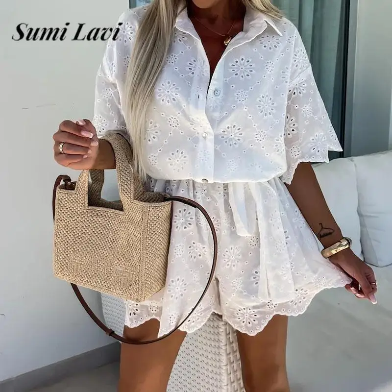 

Fashion Lapel Button Lace-up Short Jumpsuit Women Casual Short Sleeve Solid Office Playsuit Elegant Embroidery Hollow Out Romper