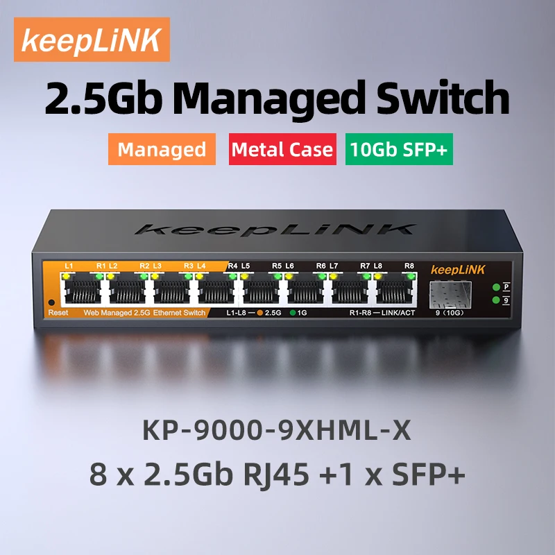 

9-портовый многогигабитный управляемый коммутатор KeepLink с 8 портами 2,5 ГБ RJ45 и 1 портом 10G SFP +