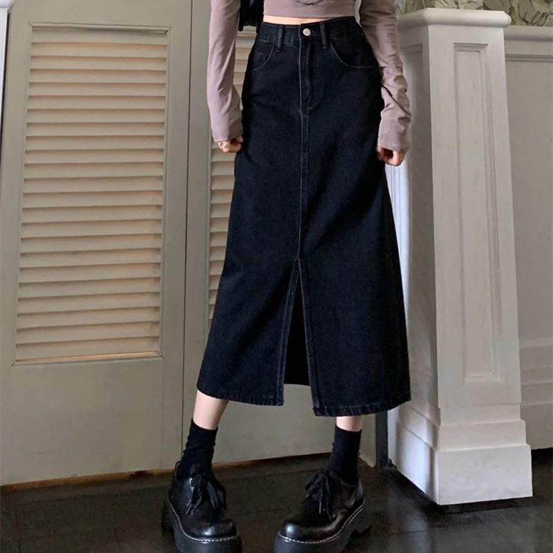 Gidyq Fashion Fork Jeans Skirts Women Casual Straight Midi Skirts Korean Retro All Match High Waist Female Black Skirts New
Gidyq Fashion Fork Jeans Skirts Women Casual Straight Midi Skirts Korean Retro All Match High Waist Female Black Skirts New