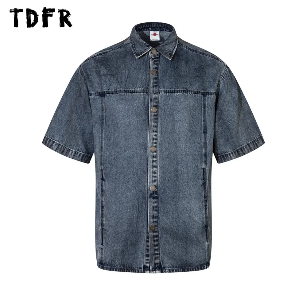 

Spliced Denim Short Sleeve Shirts Mens Washed Distressed Lapel Single Breasted Half-Sleeve Jeans Shirts Men