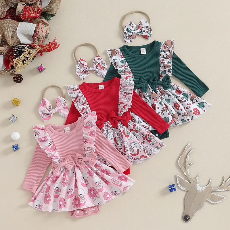 

2023-09-22 Lioraitiin 0-24M Infant Baby Girl Christmas Clothing Plaid Overall Dress Outfits Xmas Ruffle Romper Headband Sets