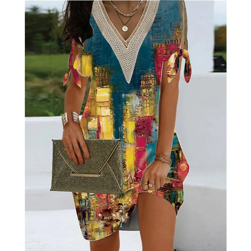 Women's Summer Fashion V-neck Craft Cuffs Slit Bow Neckline Lace Pullover Short Sleeved Printed Dress Elegant And Loose Fitting
Women's Summer Fashion V-neck Craft Cuffs Slit Bow Neckline Lace Pullover Short Sleeved Printed Dress Elegant And Loose Fitting