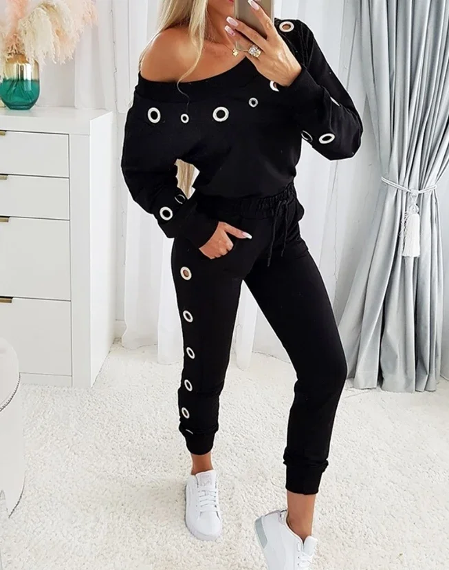 

Women's Sexy Fashion Two Piece Set 2024 Early Spring Latest Casual Eyelet Skew Neck Long Sleeved Eyelet Top&versatile Pants Set