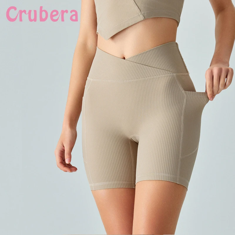 

Crubera Summer Crossed Front Waist Nude Quarter Yoga Leggings Women High Waisted Buttock Lifting No Awkward Line Yoga Shorts