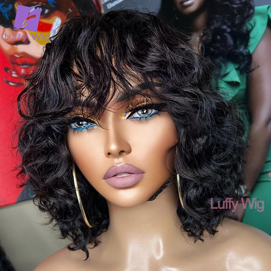 

Short Curly Bob Human Hair Wigs With Bangs Brazilian Remy O Scalp Top Bang Wig 200 DensityWig Glueless For Black Women Luffy