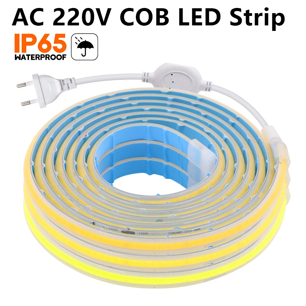 

COB LED Strip 220V IP65 Waterproof Flexible Ribbon Adhesive LED Tape 288LEDs/m High Density Linear Lighting With EU UK Plug