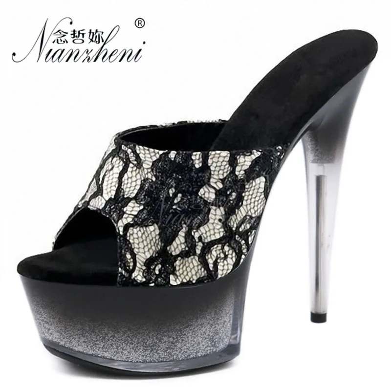 

Dress Stripper Heels Lace Platform Slippers Sexy Fetish Big Size 6Inch Women's Peep Toe Exotic Dancer Models Party Catwalk Retro