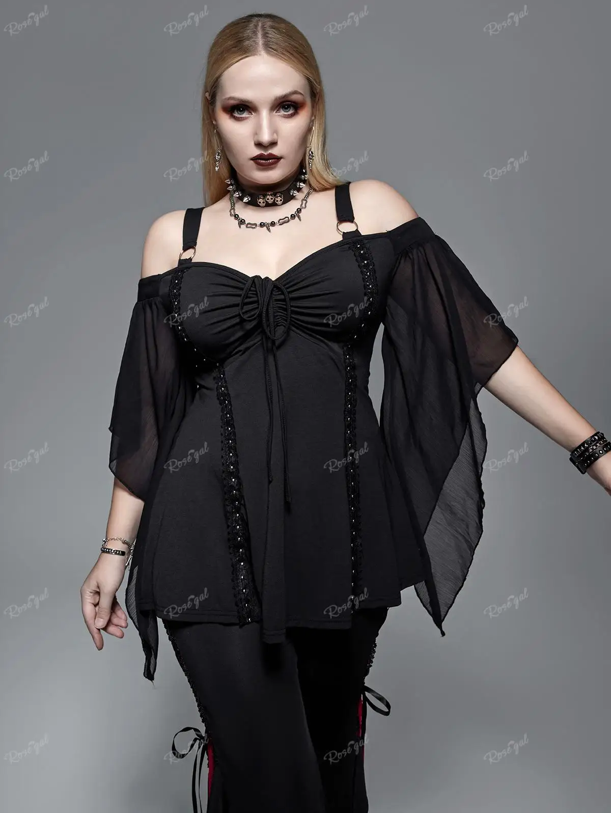 

ROSEGAL Plus Size Cinched Bell Sleeve Top Gothic Ruched Rings Cold Shoulder Studded T-Shirt For Women Black Tees 4XL