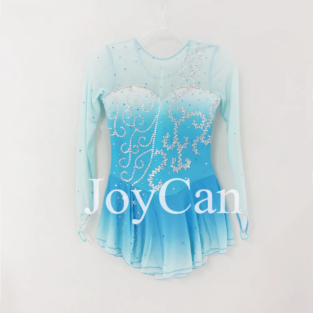 

JoyCan Ice Figure Skating Dress Girls Blue Spandex Stretchy Mesh Competition Dance Wear Customized