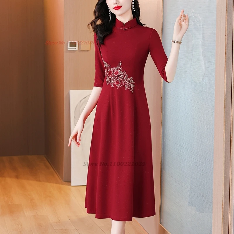 

2024 chinese vintage dress improved a-line cheongsam national flower embroidery wedding qipao oriental banquet evening dress