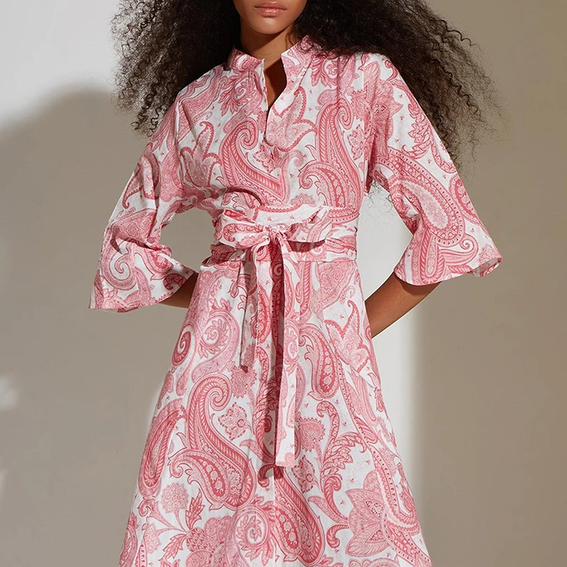 Female Casual Half Sleeved Split Shirt Dress Elegant Lady Turn-down Collar Tie Up Long Dress Bohemian Pattern Print Summer Dress
Female Casual Half Sleeved Split Shirt Dress Elegant Lady Turn-down Collar Tie Up Long Dress Bohemian Pattern Print Summer Dress