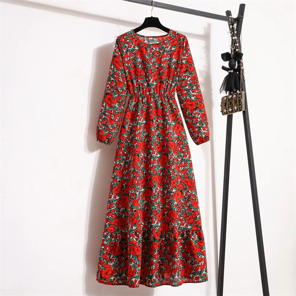 

New Spring/Summer Chiffon Long Dress for Women Maxi Dresses Casual Long Sleeve Floral Printed Woman Bohe Beach Party Vestidos