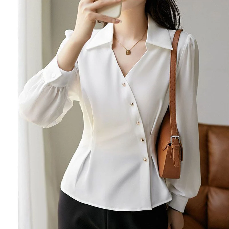 Elegant Chic Asymmetrical Office Lady Black Button Up Shirt Spring Autumn Fashion V Neck Long Sleeve Slim Tops Blouses for Women
Elegant Chic Asymmetrical Office Lady Black Button Up Shirt Spring Autumn Fashion V Neck Long Sleeve Slim Tops Blouses for Women