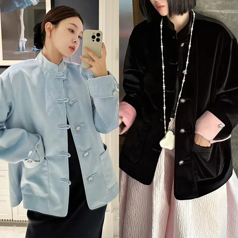 

Women''s Coat Stand Collar Floral Buttons Contrast Cuffs 2024 New Ladies Chinese Style Loose Tops