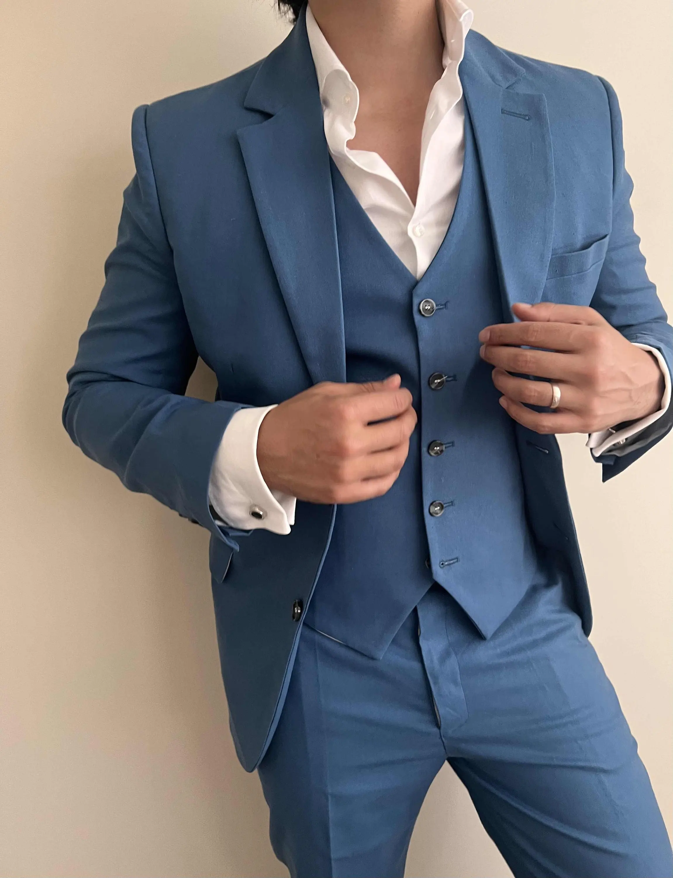 

Mens Suits High Quality Slim Fit Blue 3 Piece Business Party Best Custom Made Wedding Groom Tuxedos Blazer Hombre Costume Homme