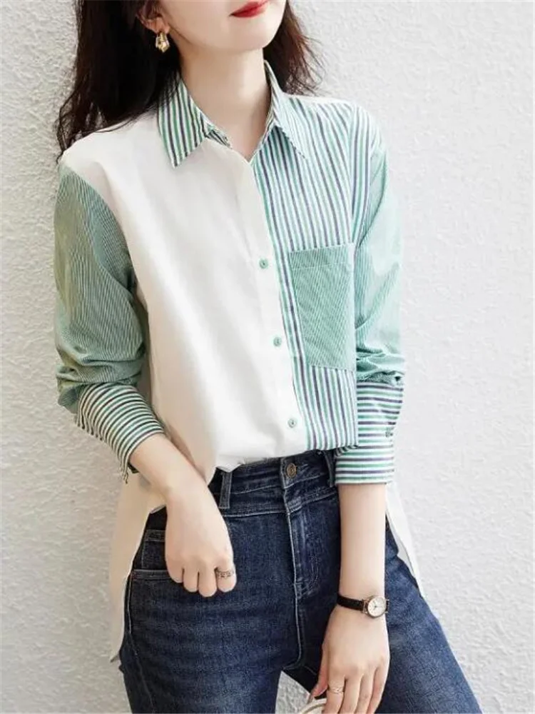 Asymmetric Blouses Striped Shirt for Women Blous Fashion Pocket Top Laple Long Sleeve Autumn Women Clothes Shirts OL Blous
Asymmetric Blouses Striped Shirt for Women Blous Fashion Pocket Top Laple Long Sleeve Autumn Women Clothes Shirts OL Blous