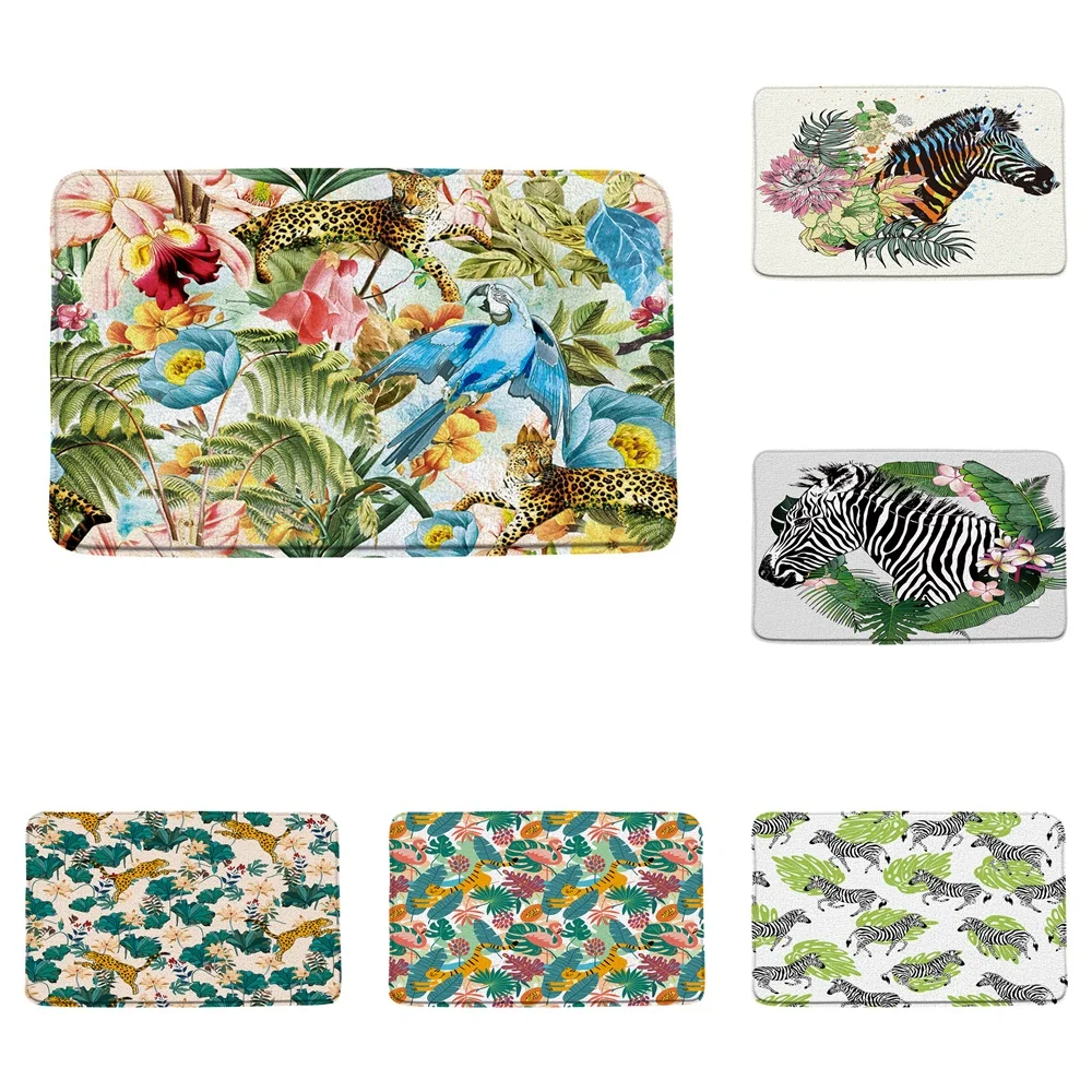 

Leopard Zebra Bath Mat Tropical Plants Green Leaves Jungle Flower Parrot Animal Non-Slip Bathroom Decor Doormat Carpet Floor Rug