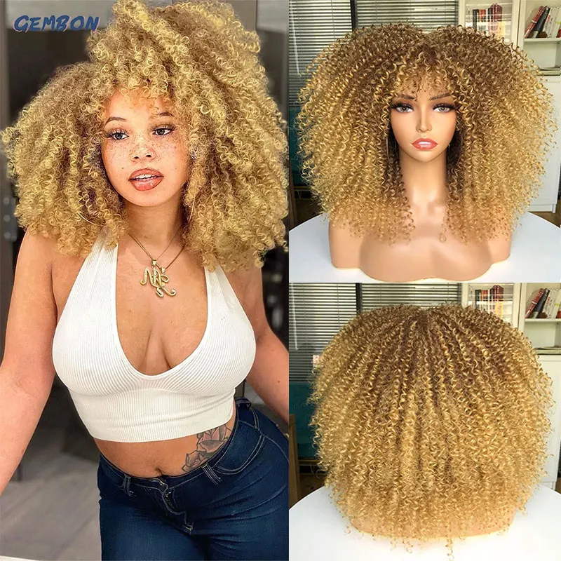 

16" Shart Afro Kinky Curly Wigs With Bangs For Black Women Cosplay Lolita Synthetic Fluffy Ombre Blonde Brown Glueless Wigs