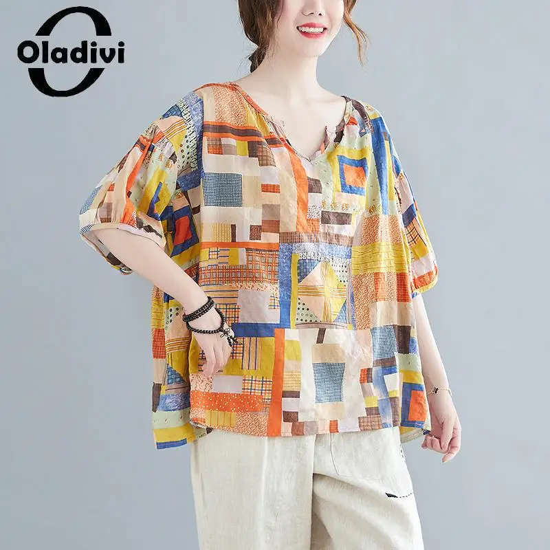 

Oladivi женские блузки большого размера с принтом 2023 Летние повседневные свободные рубашки винтажные женские туники большого размера d Топ женские блузы 5051