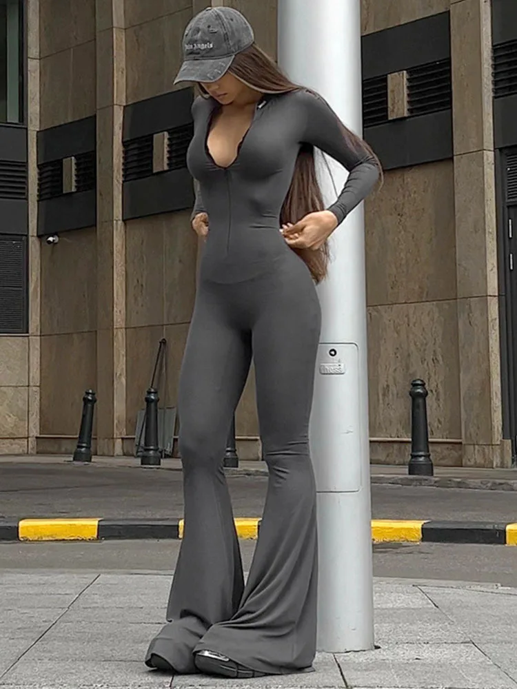 Apprabant Tight Solid Jumpsuit V Neck Zipper Long Sleeve Fashion Trend Flare Pants Slim Fit Spicy Girl Streetwear Jumpsuits 
Apprabant Tight Solid Jumpsuit V Neck Zipper Long Sleeve Fashion Trend Flare Pants Slim Fit Spicy Girl Streetwear Jumpsuits
