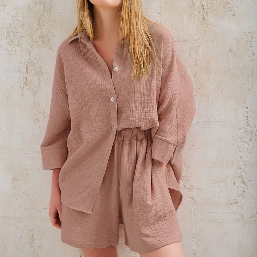 Langarm Shirts Und Lose Hohe Taille Mini Shorts Sets Sommer Loung Tragen frauen Pyjamas Anzüge Casual Oberbekleidung Zwei stück Set Langarm Shirts Und Lose Hohe Taille Mini Shorts Sets Sommer Loung Tragen frauen Pyjamas Anzüge Casual Oberbekleidung Zwei stück Set