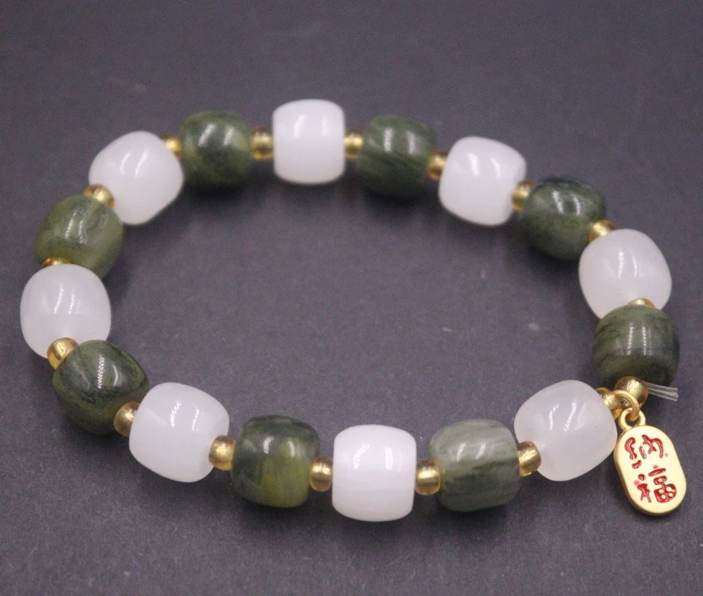 

Natural White Green Jade Men Women Lucky Characters Fu Oblong 10mm Beaded Bracelet