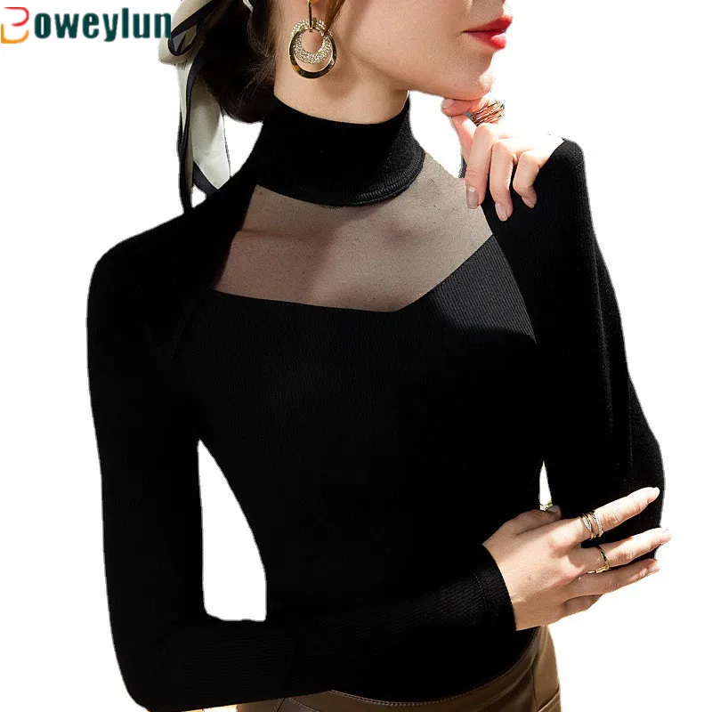 

Boweylun Half-High Neck Hollow Splicing Long-Sleeved Tops Female Autumn And Winter New Bottoming Shirt Women's Clothing