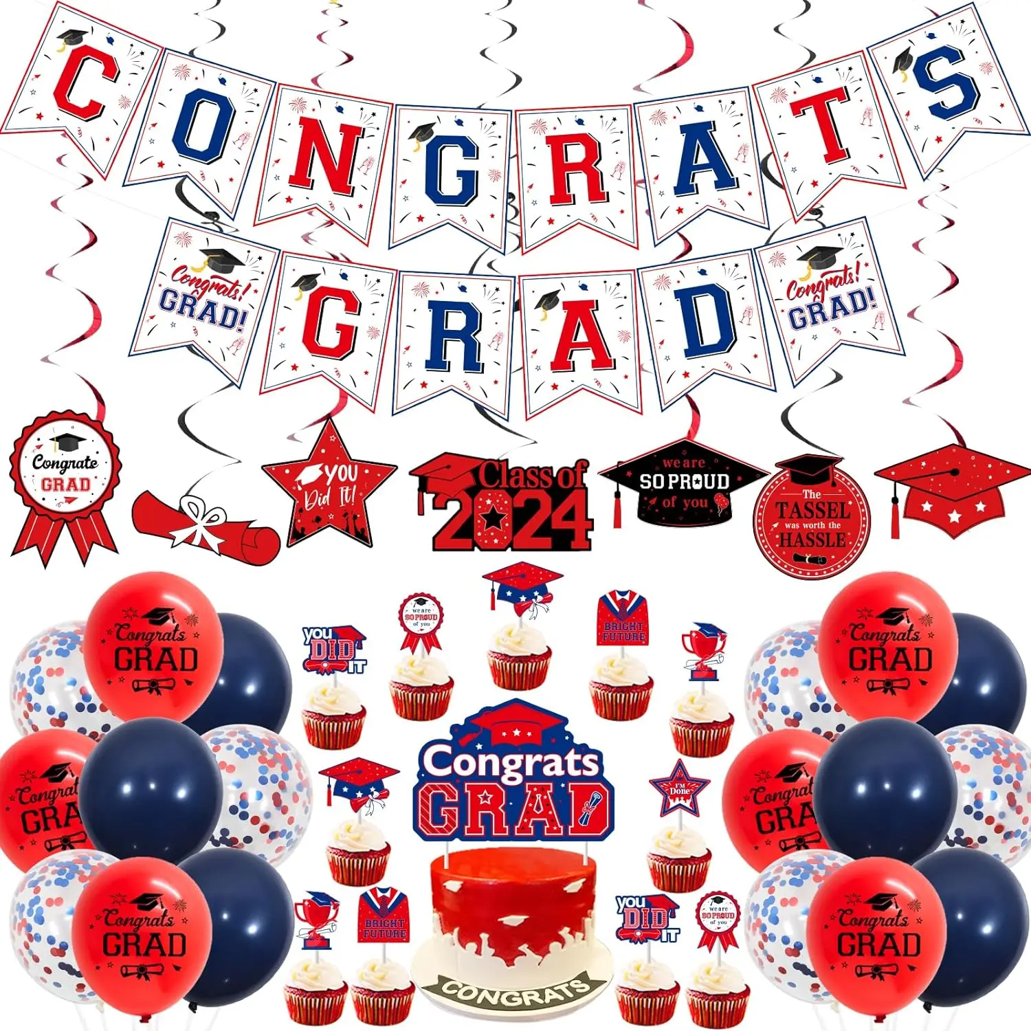 

2024 Congrats Grad Banner Cake Topper with Cupcake Toppers Class of 2024 Hanging Swirls Graduation Party Supplies